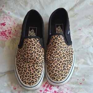 Vans Black and Tan Leopard Slip-On Sneakers